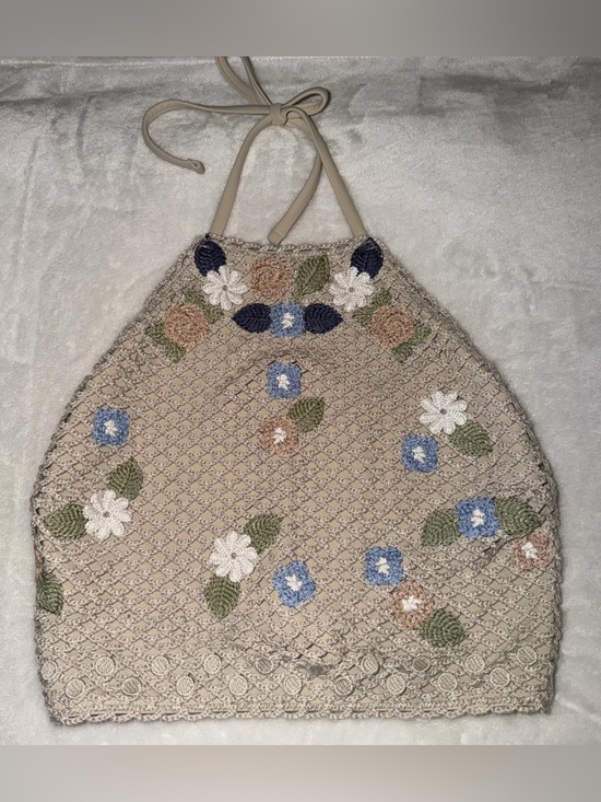 aerie Tops - Aerie Beige Crochet Floral Halter Top